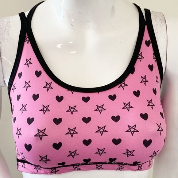 Too Fast Pink & Black Heart & Pentagram Star Print Sports Bra Cropped Tank Top - Picture 1 of 4